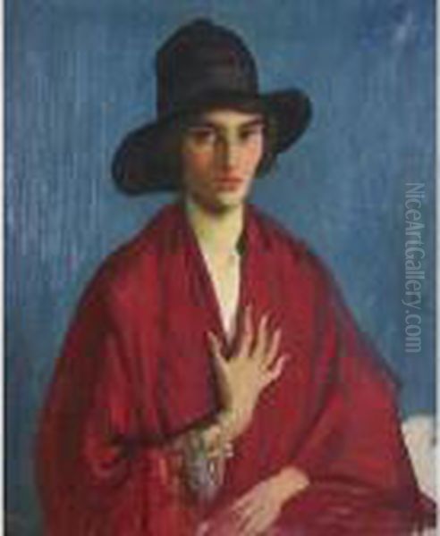 Woman In A Red Dress And Black Hat Oil Painting by George Lambert