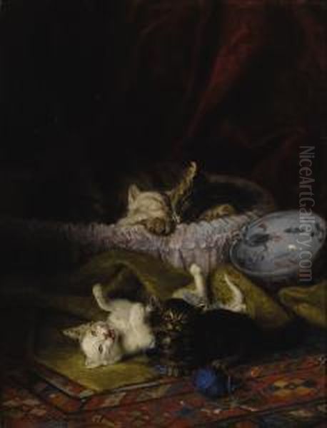 As Kittens Play, Their Mother Naps Oil Painting by Louis Eugene Lambert