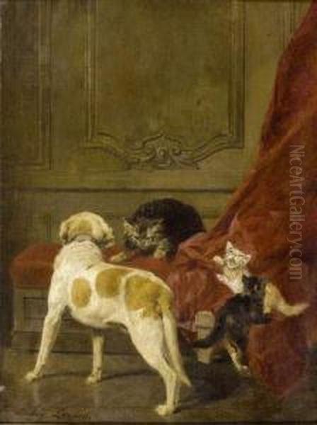 Chien Et Chats Jouant Oil Painting by Louis Eugene Lambert