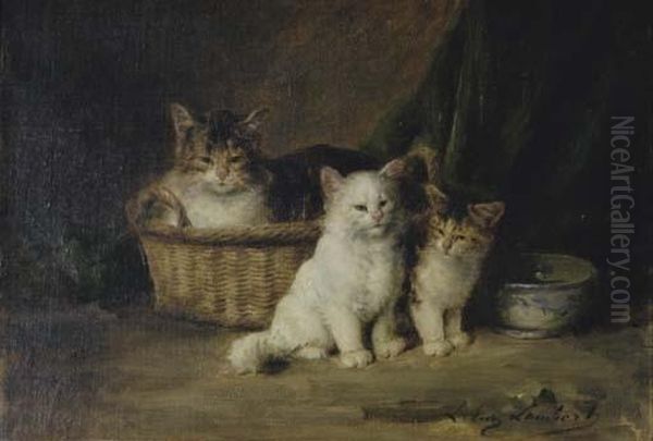 Mother Cat And Her Kittens Oil Painting by Louis Eugene Lambert