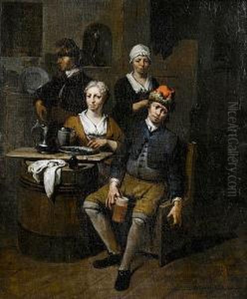 A Tavern Interior With Figures Seated At Atable Drinking Oil Painting by Jan Baptist Lambrechts