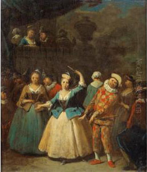 Scene De Danse Avec Arlequin Oil Painting by Jan Baptist Lambrechts