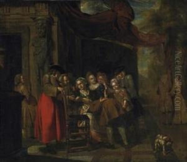 Sociable Party Playing A Game Of Forfeits. Signed Left On The Pedestal: J.b. Lambrechts Oil Painting by Jan Baptist Lambrechts