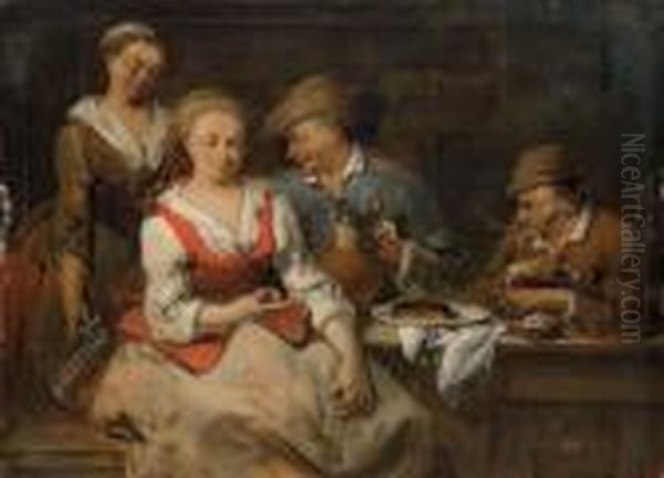 Mixed Company Smoking And Drinking In An Interior Oil Painting by Jan Baptist Lambrechts