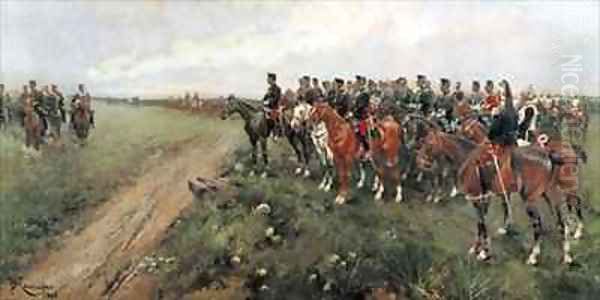 Parade in the field before His Majesty King Alfonso XIII Oil Painting by Josep Cusachs y Cusachs