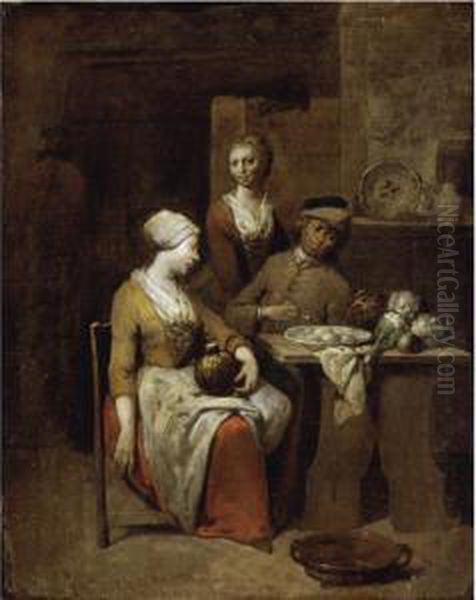 A Tavern Interior With A 
Gentleman Holding A Pipe And A Maid Holding A Gourd, A Serving Girl 
Beyond Oil Painting by Jan Baptist Lambrechts