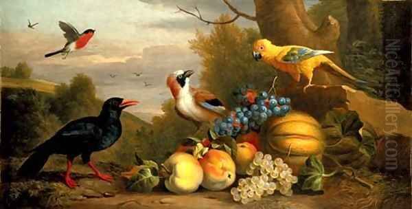 A Bullfinch, a Chough, a Jay and a Sun Conure with quinces, grapes and melons in a landscape Oil Painting by Jakob Bogdani Eperjes C