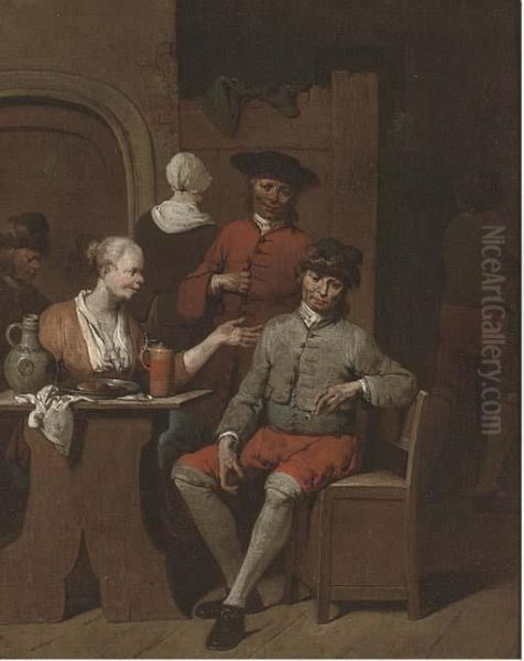 Figures Smoking And Drinking In A Tavern Oil Painting by Jan Baptist Lambrechts