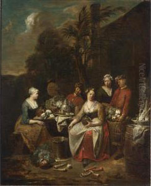 An Elegant Company Conversing 
And Playing Tric-trac In A Garden Setting; Servants Around A Table With 
Vegetables In A Garden Setting Oil Painting by Jan Baptist Lambrechts