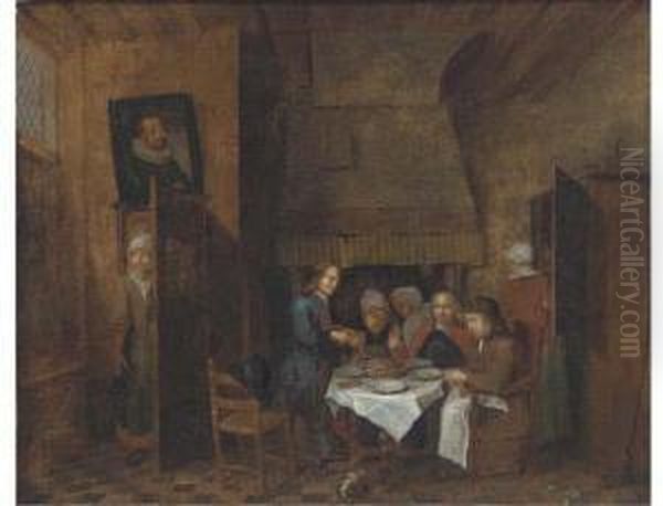 A Dining Room Interior With A Group Eating Oil Painting by Jan Baptist Lambrechts