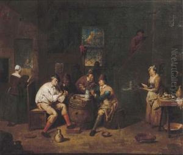 Peasants Smoking And Drinking In A Tavern Oil Painting by Jan Baptist Lambrechts