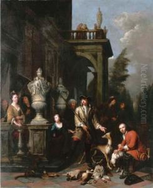 A Family Hunting Group Outside A Neoclassical Mansion Oil Painting by Jan Baptist Lambrechts