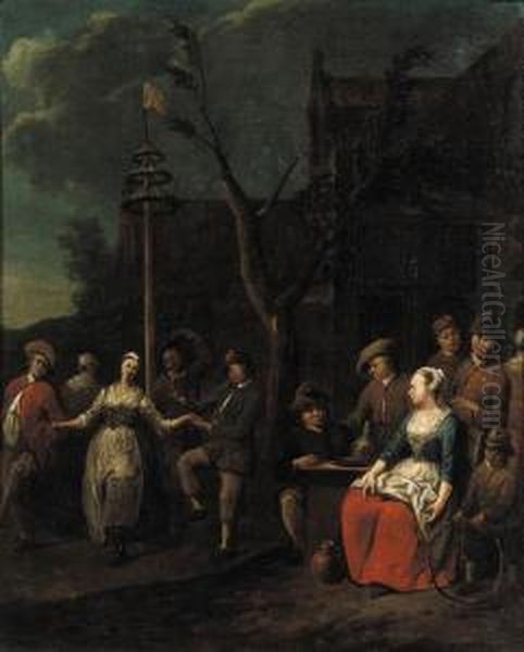 Boors Dancing Around A Maypole Oil Painting by Jan Baptist Lambrechts