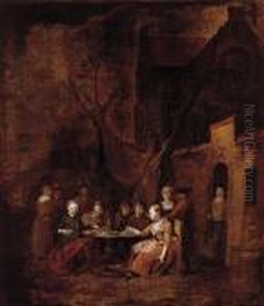 Country Folk Seated At Tables Outside Inns Oil Painting by Jan Baptist Lambrechts