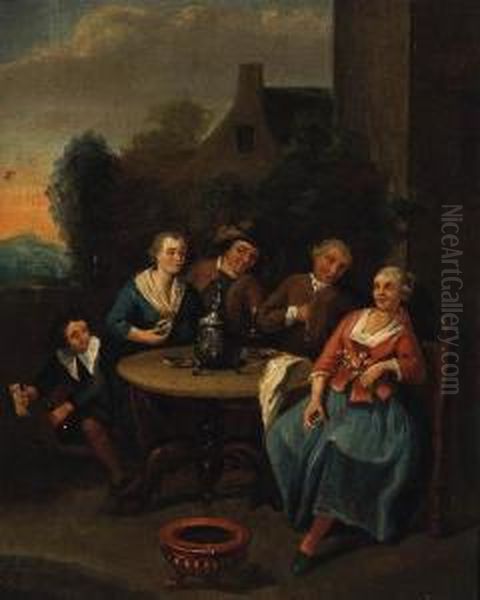 Country Folk Seated At A Table Outside A House Oil Painting by Jan Baptist Lambrechts