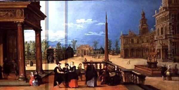 Figures in a Classical Piazza Oil Painting by Louis de Caullery