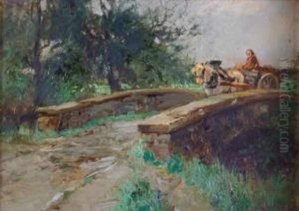 Horse And Cart Crossing A Bridge Oil Painting by William Bradley Lamond