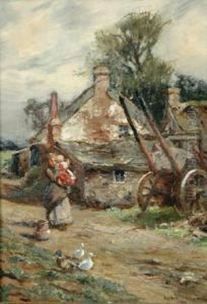 Mother And Child With Ducks Before A Cottage Oil Painting by William Bradley Lamond