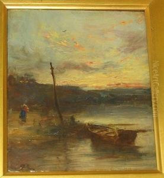 Shore Scene At Dusk With Rowing Boat And Figure Oil Painting by William Bradley Lamond