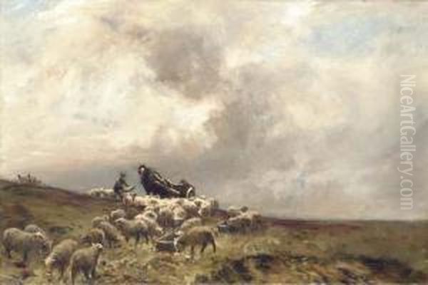 A Shepherd And His Sheep In A Moorland Landscape Oil Painting by William Bradley Lamond