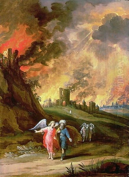 Lot and His Daughters Leaving Sodom Oil Painting by Louis de Caullery