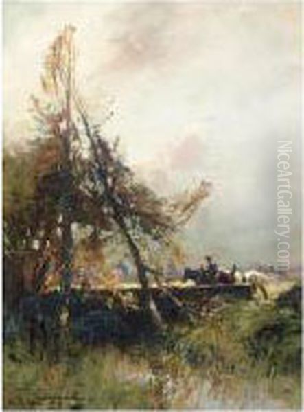 Tending Sheep; Crossing The Bridge Oil Painting by William Bradley Lamond