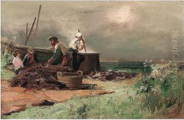 Mending The Nets Oil Painting by William Bradley Lamond