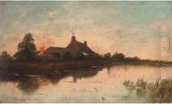 A Riverside Cottage At Sunset Oil Painting by Jean-Pierre-Francois Lamoriniere