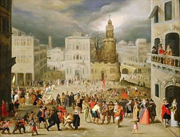 A scene in a town square with numerous figures Oil Painting by Louis de Caullery