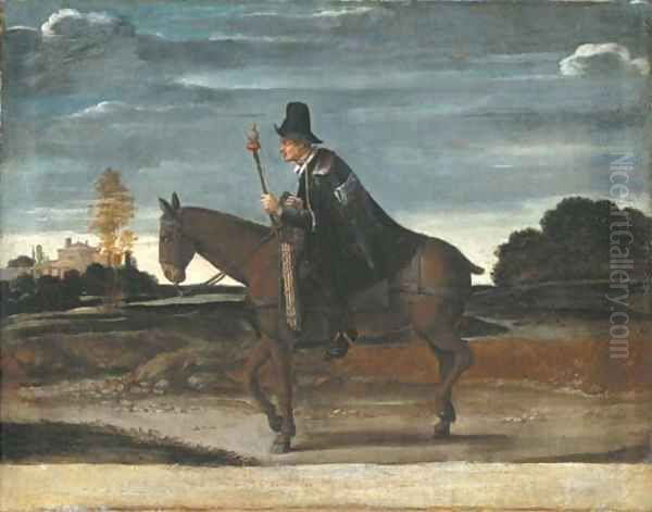 A landscape with a cloaked figure riding a donkey Oil Painting by Annibale Carracci