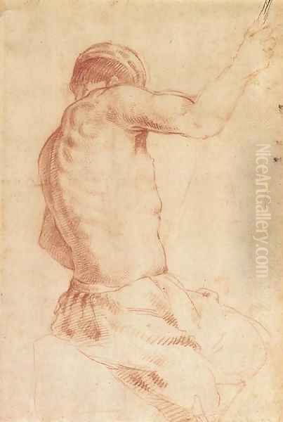 A seated man holding a staff, seen from behind Oil Painting by Annibale Carracci