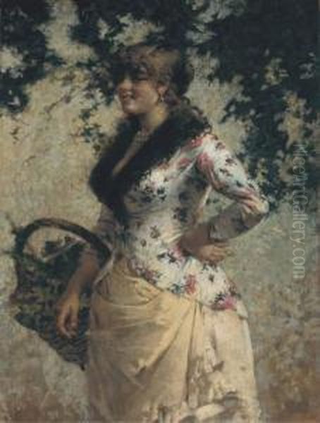 A Young Lady In A Vineyard Oil Painting by Egisto Lancerotto