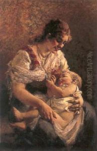 Mother And Child Oil Painting by Egisto Lancerotto