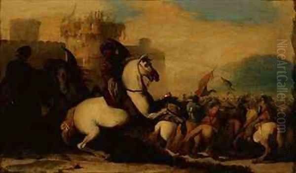 A Cavalry Engagement Outside a Fort Oil Painting by Jacques Courtois