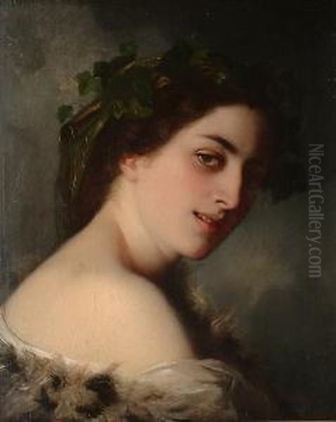 A Beautiful Young Woman Wearing A Fur Wrap With Ivy In Her Hair. Oil Painting by Charles Zacharie Landelle