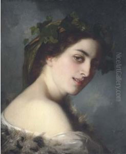 Portrait Of A Lady, Head And Shoulders; Wearing A Coronet Of Ivy And A Fur Wrap Oil Painting by Charles Zacharie Landelle