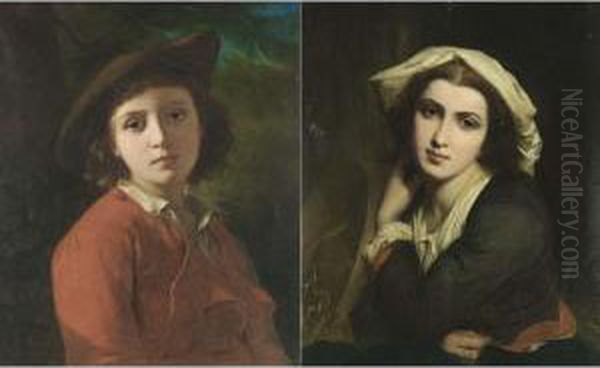 Portrait Of A Basque Boy And A Basque Girl (a Pair) Oil Painting by Charles Zacharie Landelle