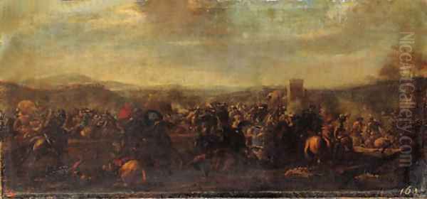 A cavalry battle between Christians and Turks, a castle beyond Oil Painting by Jacques Courtois