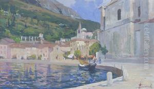 Il Porto Di Maderno Oil Painting by Angelo Landi