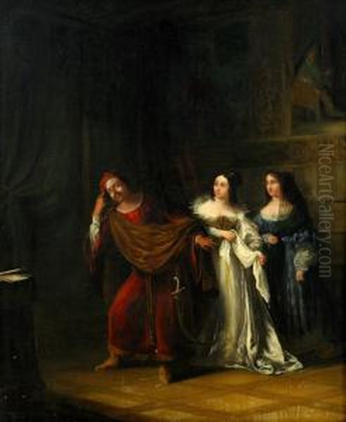 Interior Med Man Och Tva Kvinnor Oil Painting by Charles Landseer