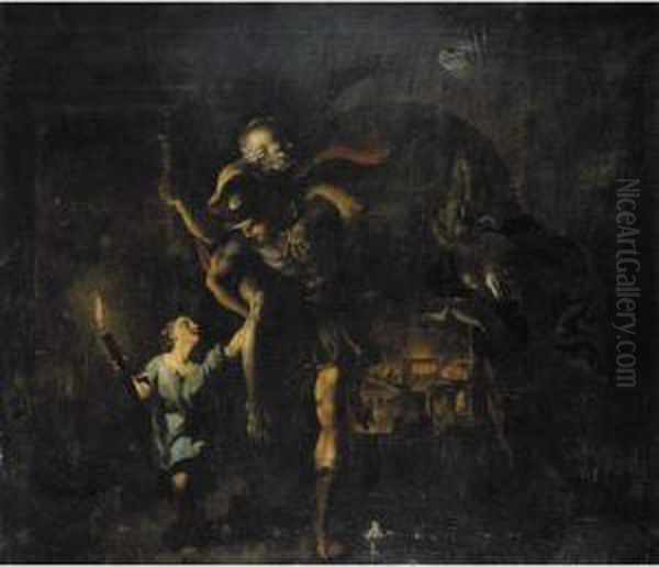 Aeneas Rescuing Anchises And Ascanius From The Sack Of Troy Oil Painting by Giovanni Lanfranco