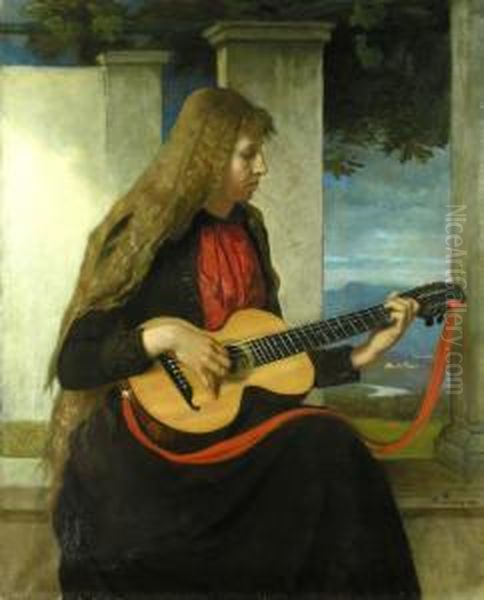 Die Gitarrenspielerin Oil Painting by Albert Lang