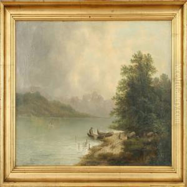 Attributed To: A Southern European Landscape With Mountains. Signed A. Lang Oil Painting by Albert Lang