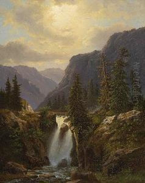 Gebirgslandschaft Mit
 Wasserfall. by Albert Lang