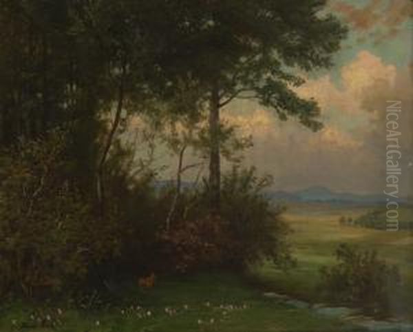 Abendstimmung Am
 Waldrand. Oil Painting by Albert Lang