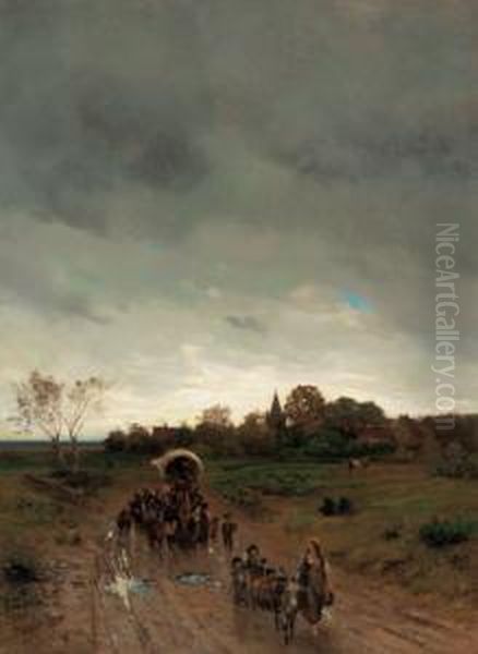 Evening Mood With People Moving On The Village Path Oil Painting by Albert Lang