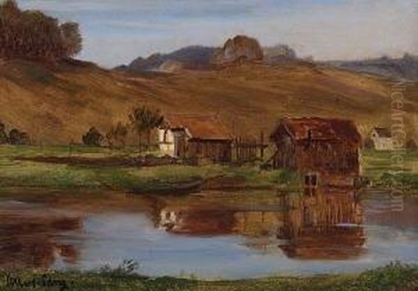 Fischerhutten An Einem
 Fluss. Oil Painting by Albert Lang