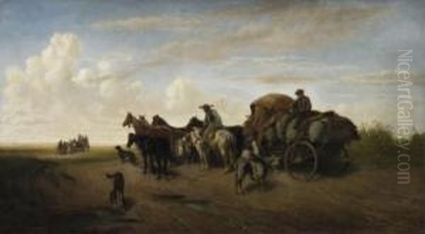 In The Puszta. Farmers On Their 
Horse-conveyances. Signed And Dated Bottom Right: H. Lang 1861 Paris Oil Painting by H.F. Lang