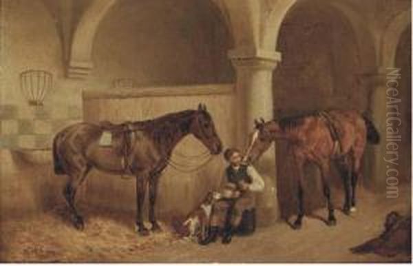 A Huntsman In A Stable Oil Painting by H.F. Lang