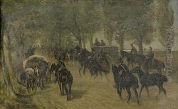 Truppenbewegung Auf Der Landstrasse. Oil Painting by H.F. Lang